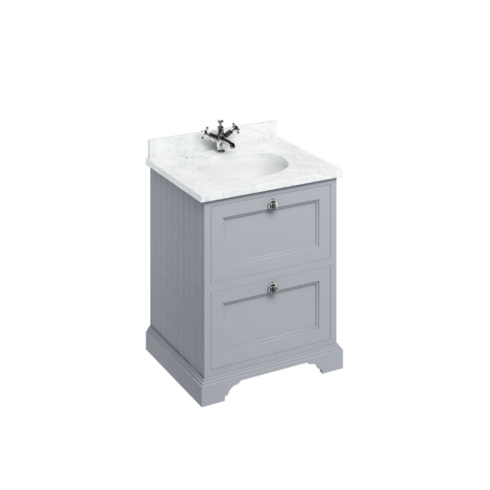 Product Cut out image of the Burlington Minerva 650mm Worktop & Classic Grey Freestanding Vanity Unit with Drawers with white worktop